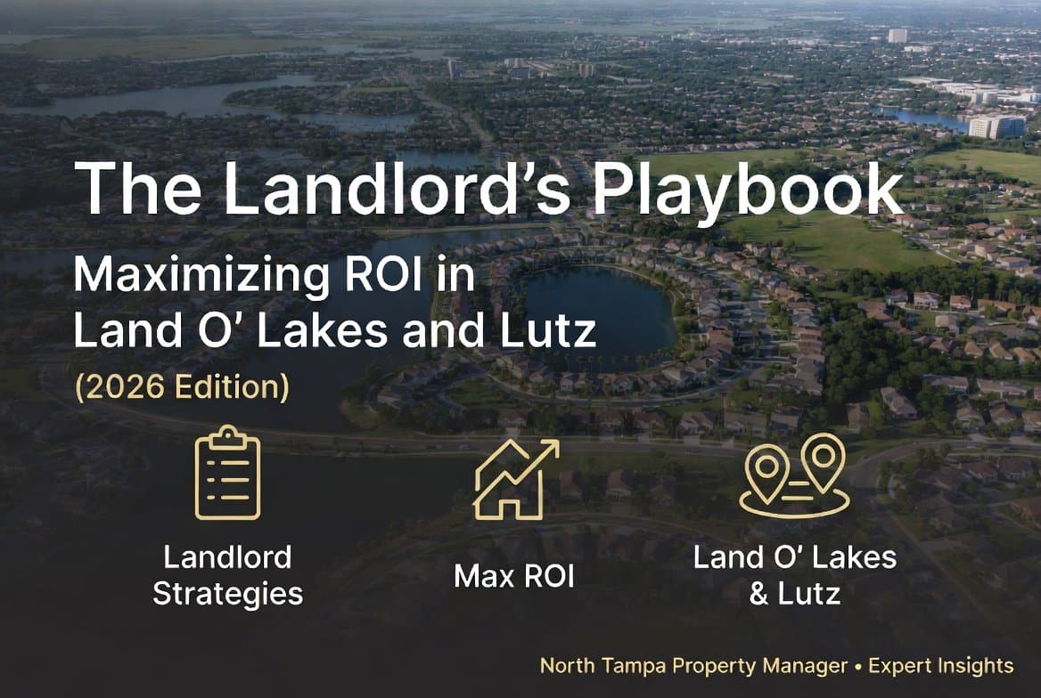 Aerial view of the connected North Tampa suburbs of Land O’ Lakes and Lutz, Florida, showing modern suburban homes, sparkling lakes, palm-lined neighborhoods, and green spaces. Bold white and gold overlay text reads “The Landlord’s Playbook: Maximizing ROI in Land O' Lakes and Lutz (2026 Edition).” Three gold icons highlight Landlord Strategies, Max ROI, and Land O’ Lakes & Lutz. Branded for North Tampa Property Manager • Expert Insights.