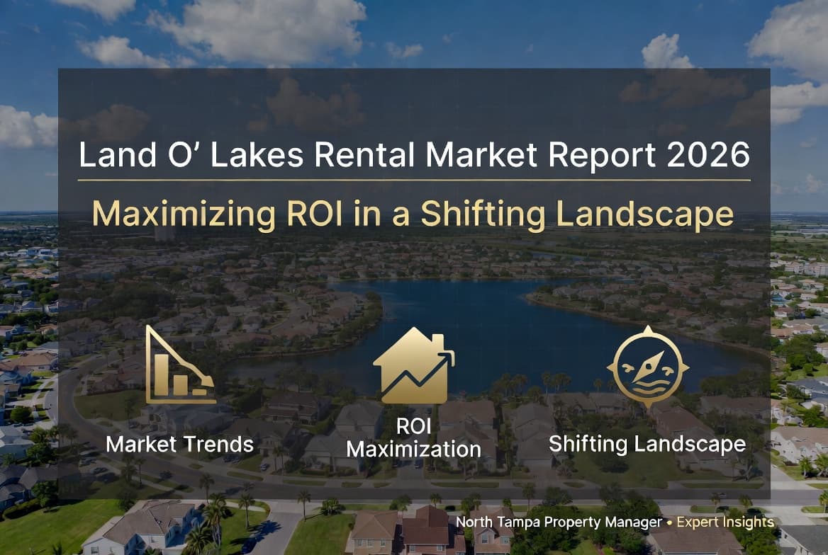 Aerial view of Land O’ Lakes, Florida, featuring suburban homes, sparkling lakes, and palm-lined neighborhoods under a bright blue sky. Bold white and gold overlay text reads “Land O’ Lakes Rental Market Report 2026: Maximizing ROI in a Shifting Landscape.” Three gold icons highlight Market Trends, ROI Maximization, and Shifting Landscape. Branded for North Tampa Property Manager • Expert Insights.