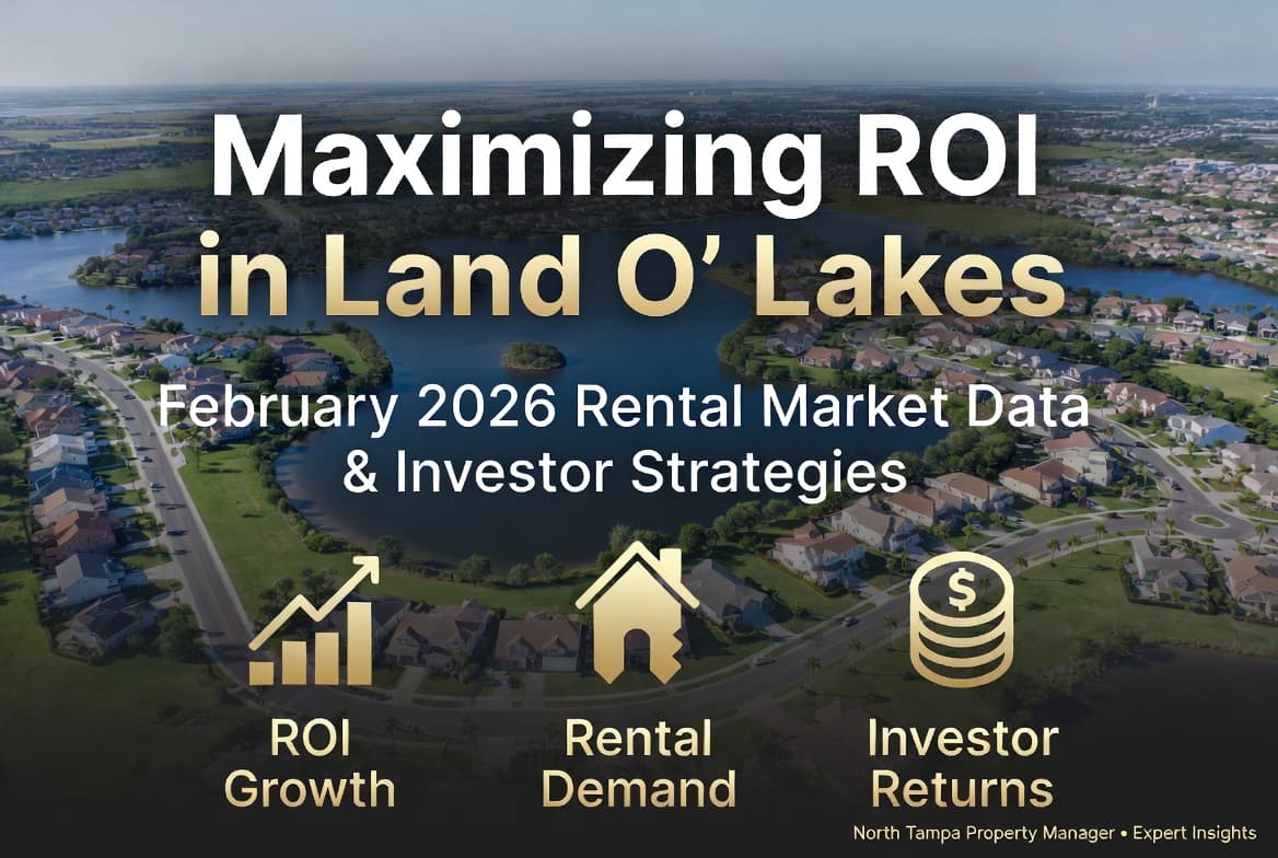 Aerial view of Land O’ Lakes, Florida, showcasing modern suburban homes, lakes, and palm-lined neighborhoods. Bold gold and white overlay text reads “Maximizing ROI in Land O’ Lakes: February 2026 Rental Market Data & Investor Strategies.” Three gold icons highlight ROI Growth, Rental Demand, and Investor Returns. Branded for North Tampa Property Manager • Expert Insights.