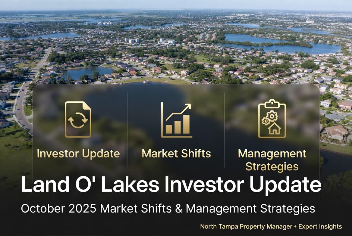 Aerial view of Land O’ Lakes, Florida, showing modern suburban homes, sparkling lakes, palm-lined neighborhoods, and green spaces. Bold white and gold overlay text reads “Land O' Lakes Investor Update: October 2025 Market Shifts & Management Strategies.” Three gold icons highlight Investor Update, Market Shifts, and Management Strategies. Branded for North Tampa Property Manager • Expert Insights.