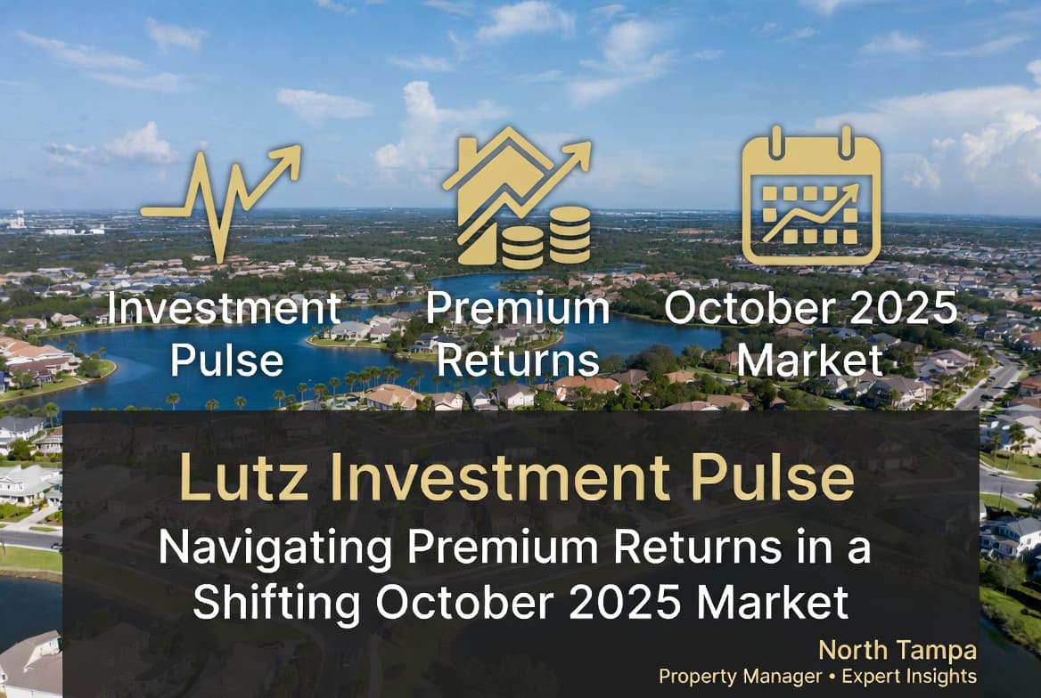 Aerial view of Lutz, Florida, featuring modern suburban homes, sparkling lakes, palm-lined neighborhoods, and upscale residential communities under a bright blue sky. Bold white and gold overlay text reads “Lutz Investment Pulse: Navigating Premium Returns in a Shifting October 2025 Market.” Three gold icons highlight Investment Pulse, Premium Returns, and October 2025 Market. Branded for North Tampa Property Manager • Expert Insights.