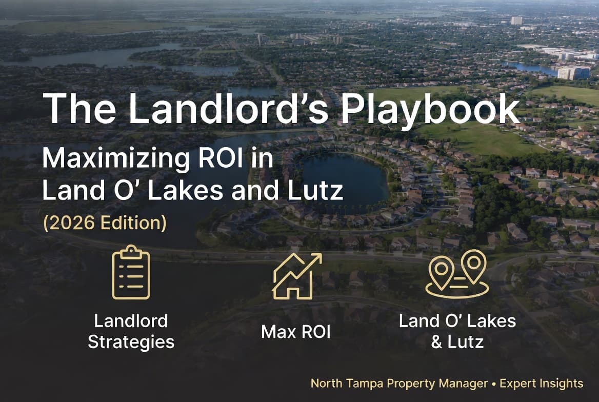 Aerial view of the connected North Tampa suburbs of Land O’ Lakes and Lutz, Florida, showing modern suburban homes, sparkling lakes, palm-lined neighborhoods, and green spaces. Bold white and gold overlay text reads “The Landlord’s Playbook: Maximizing ROI in Land O' Lakes and Lutz (2026 Edition).” Three gold icons highlight Landlord Strategies, Max ROI, and Land O’ Lakes & Lutz. Branded for North Tampa Property Manager • Expert Insights.
